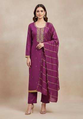 Wine Embroidery Silk Kurta Set