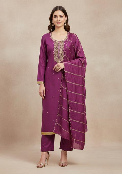 Wine Embroidery Silk Kurta Set