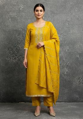 Yellow Embroidery Silk Kurta Set