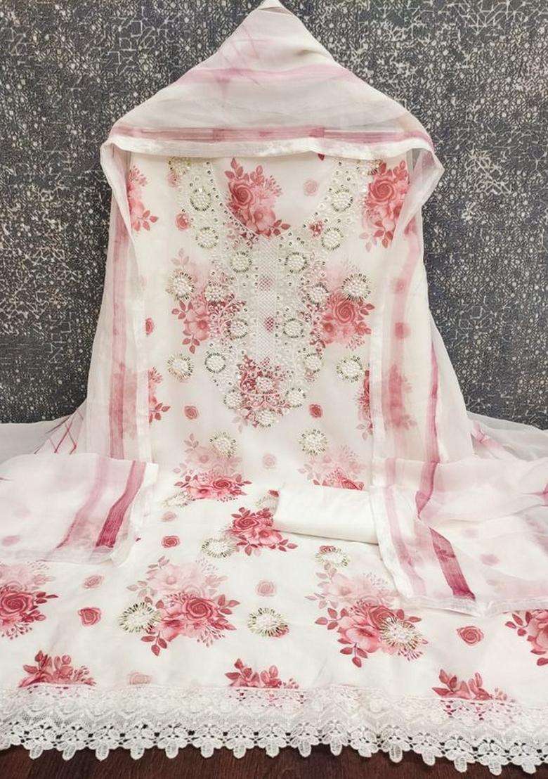 Peach Embroidery Georgette Kurta Set - Indya