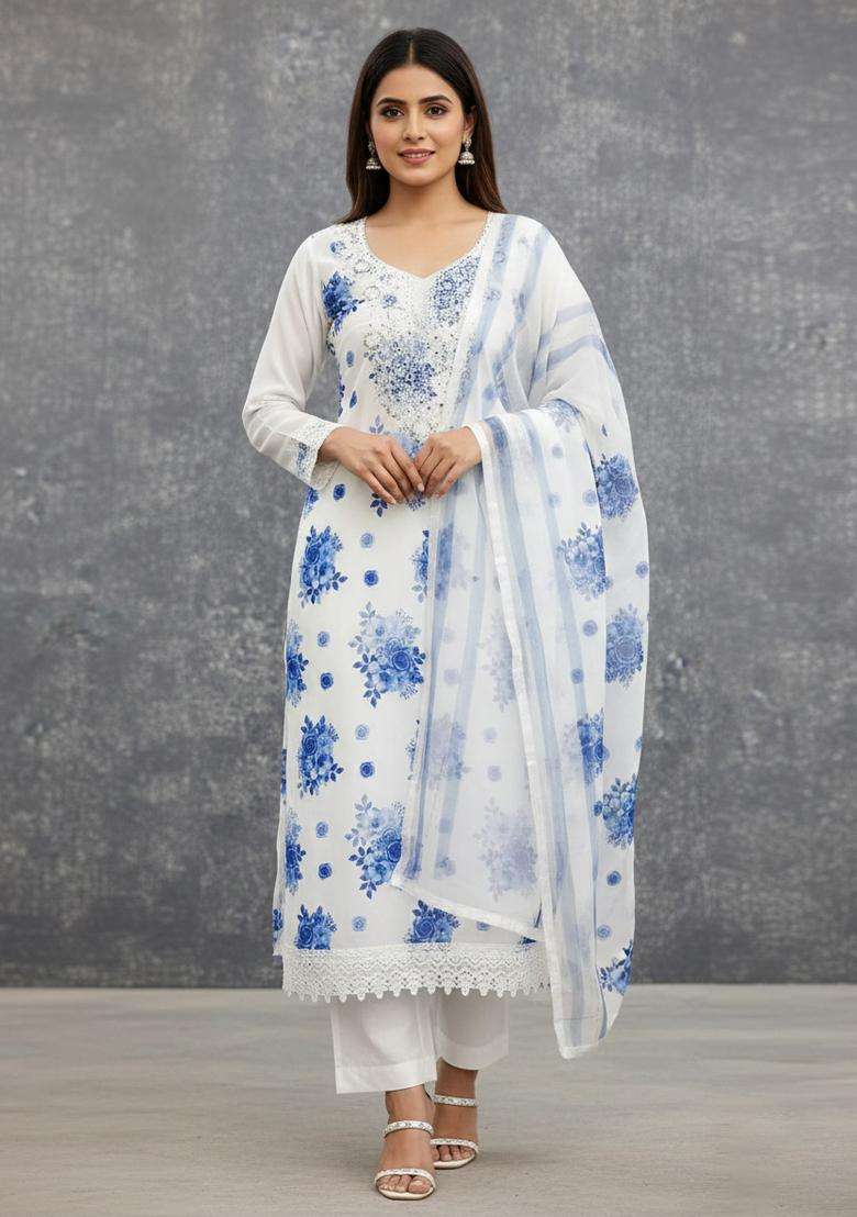Purple Embroidery Georgette Kurta Set - Indya