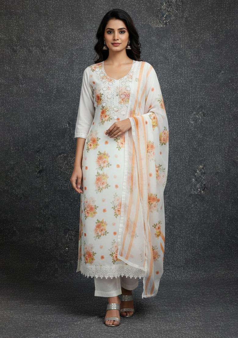 Orange Embroidery Georgette Kurta Set - Indya