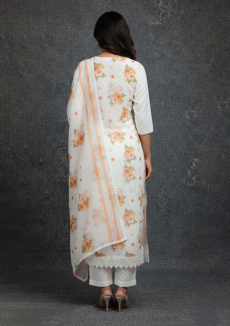 Orange Embroidery Georgette Kurta Set - Indya