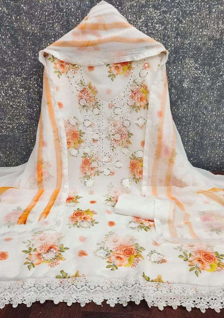 Orange Embroidery Georgette Kurta Set - Indya