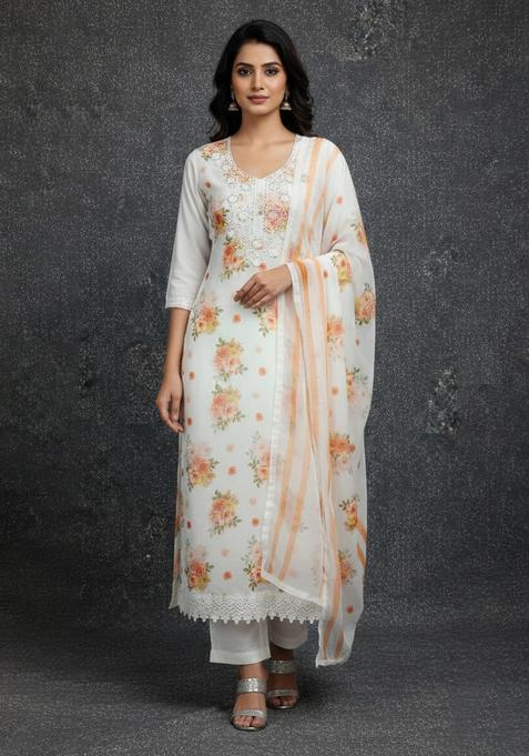 Orange Embroidery Georgette Kurta Set