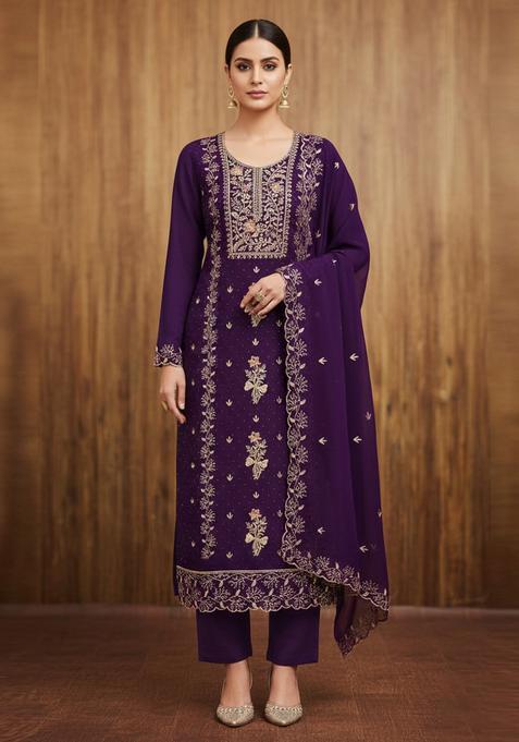 Wine Embroidery Georgette Kurta Set