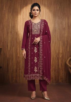 Maroon Embroidery Georgette Kurta Set
