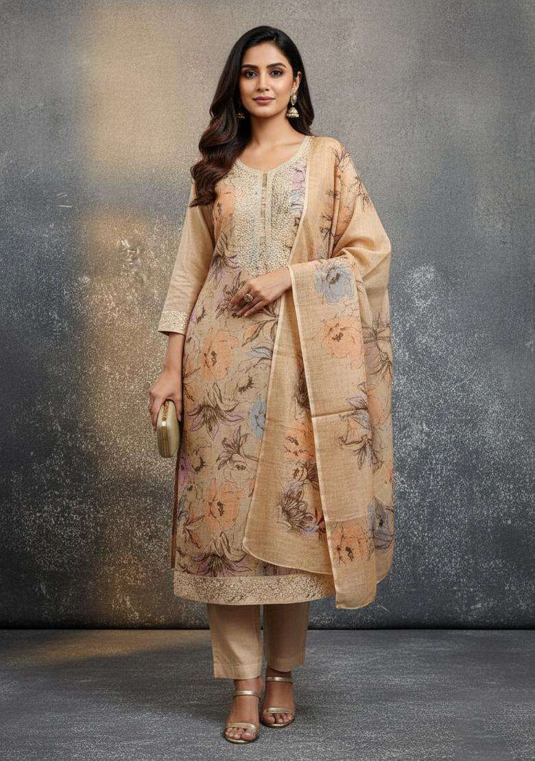 Beige Embroidery Cotton Kurta Set - Indya