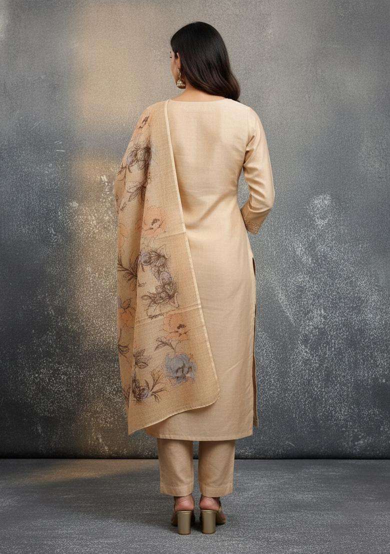 Beige Embroidery Cotton Kurta Set - Indya