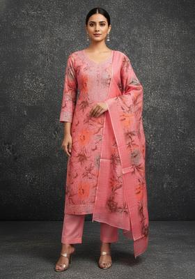Peach Embroidery Cotton Kurta Set