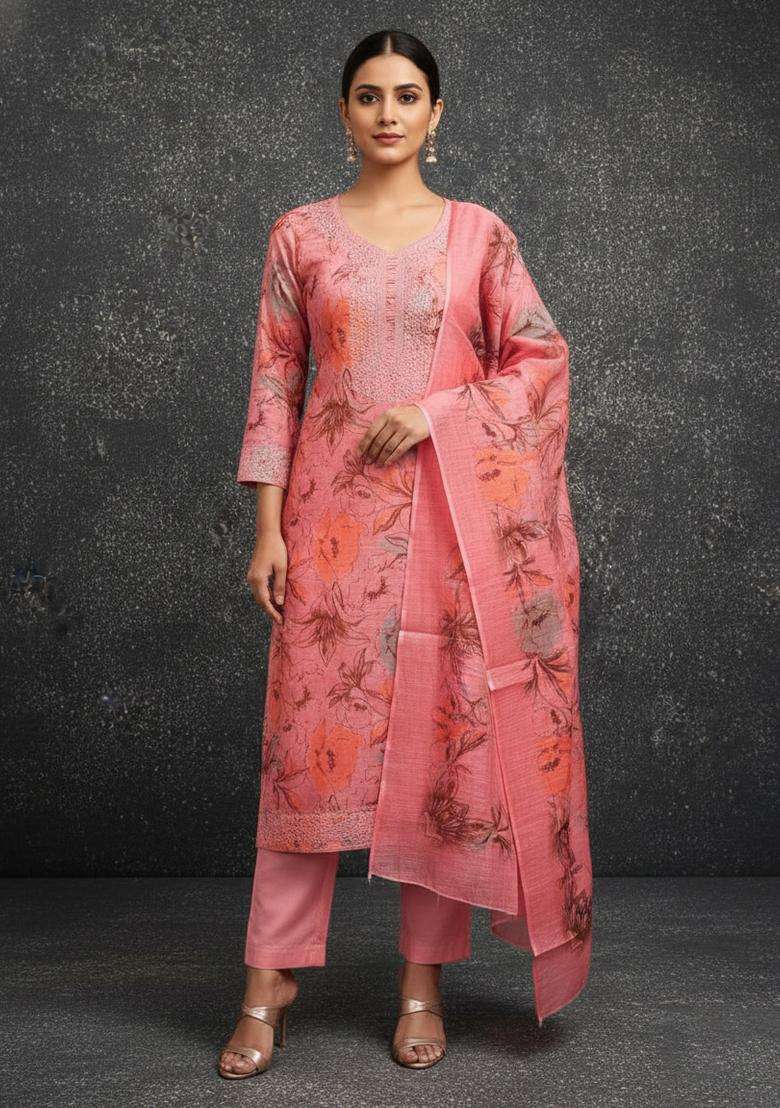 Peach Embroidery Cotton Kurta Set - Indya