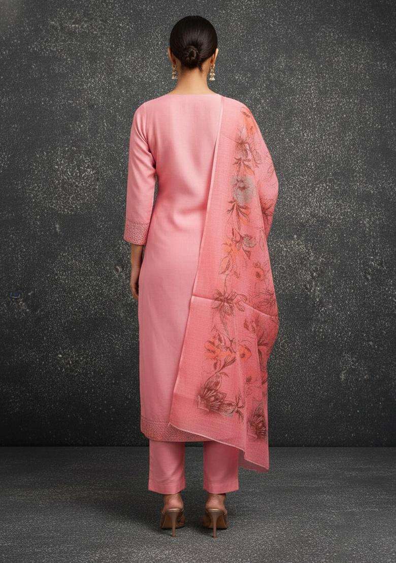Peach Embroidery Cotton Kurta Set - Indya