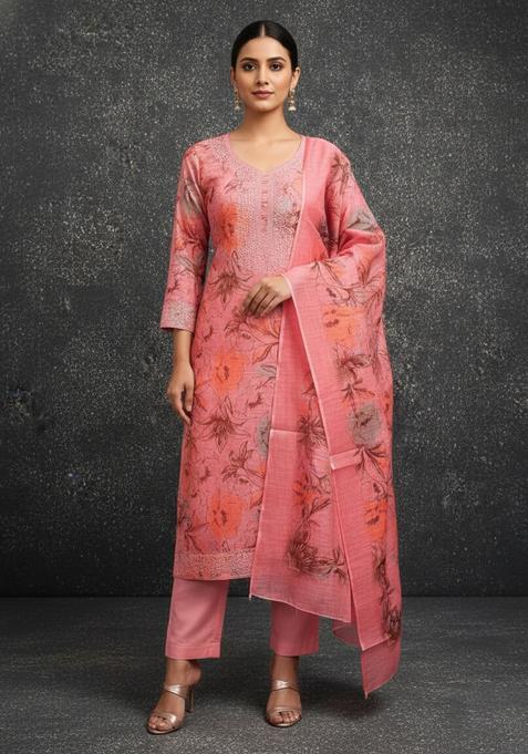Peach Embroidery Cotton Kurta Set