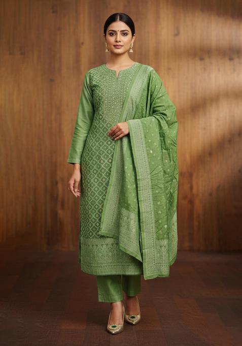 Green Embroidery Chanderi Kurta Set