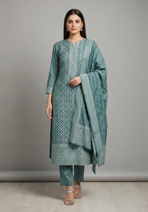 Blue Embroidery Chanderi Kurta Set