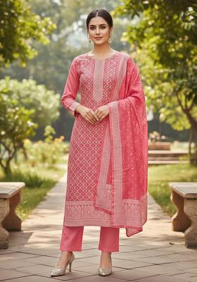 Pink Embroidery Chanderi Kurta Set