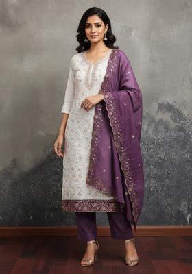 Wine Embroidery Silk Kurta Set