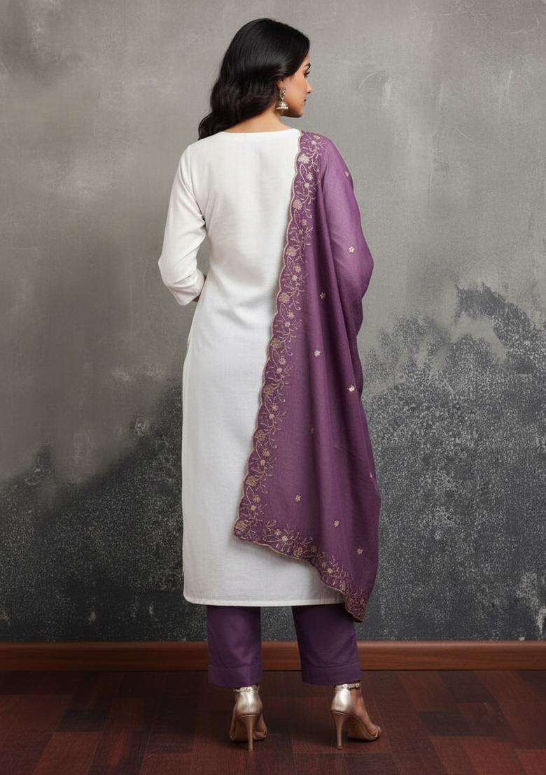 Wine Embroidery Silk Kurta Set - Indya