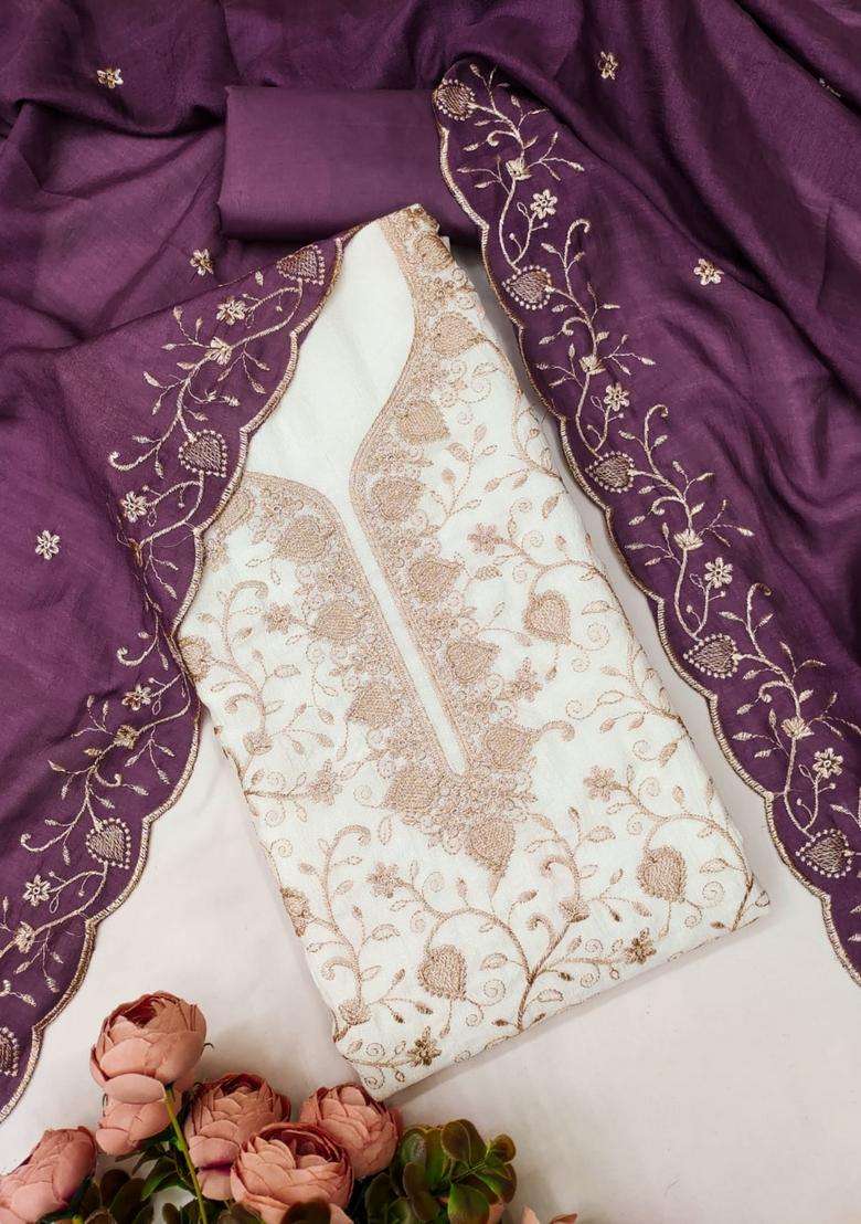Wine Embroidery Silk Kurta Set - Indya