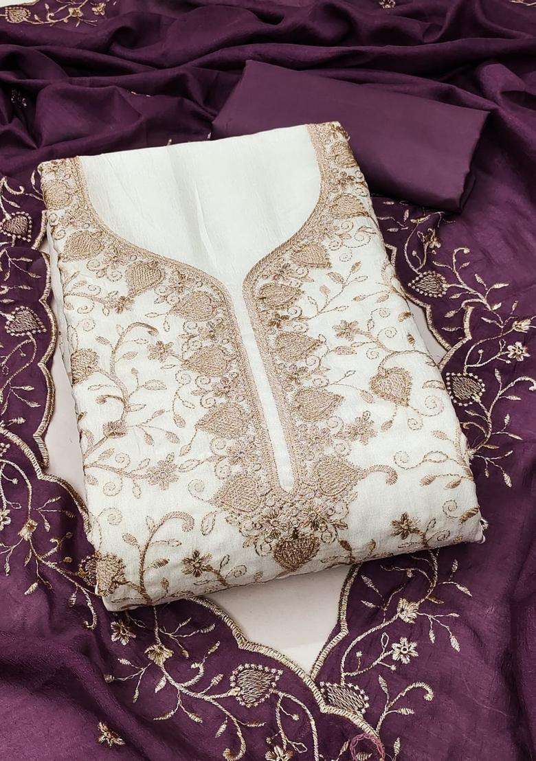 Wine Embroidery Silk Kurta Set - Indya