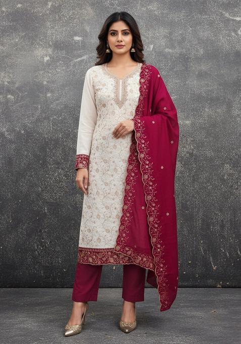 Red Embroidery Silk Kurta Set