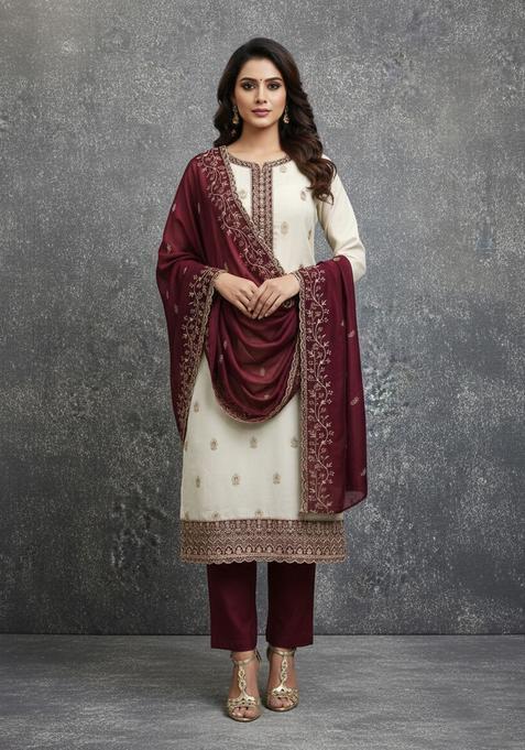 Maroon Embroidery Silk Kurta Set