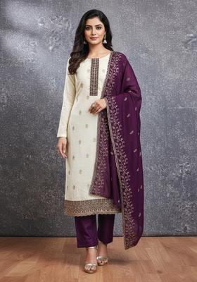 Purple Embroidery Silk Kurta Set