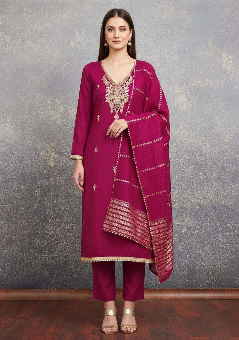 Red Embroidery Silk Kurta Set - Indya