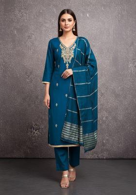 Blue Embroidery Silk Kurta Set