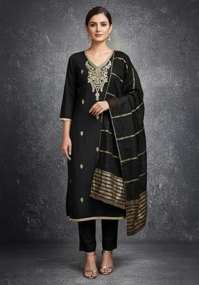 Black Embroidery Silk Kurta Set