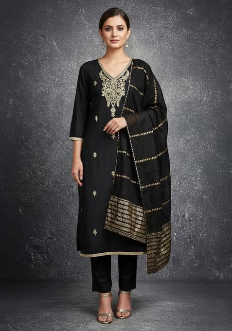 Black Embroidery Silk Kurta Set