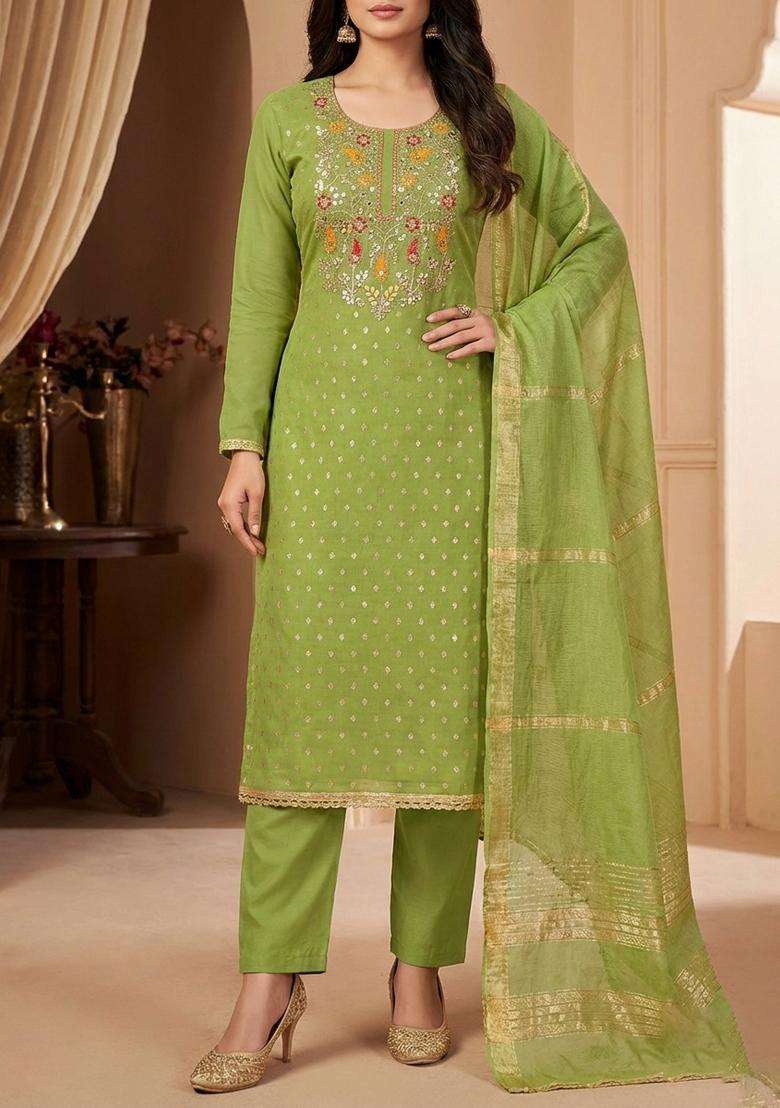 Mustard Embroidery Shimmer Kurta Set - Indya