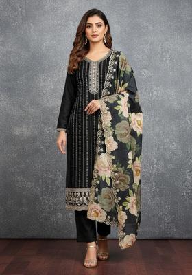 Black Embroidery Silk Kurta Set