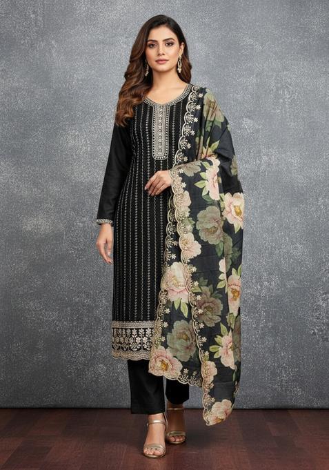 Black Embroidery Silk Kurta Set