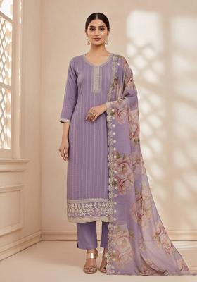 Lavender Embroidery Silk Kurta Set