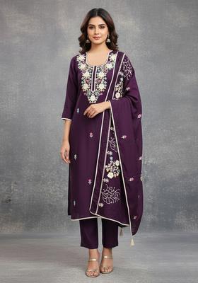 Wine Embroidery Silk Kurta Set
