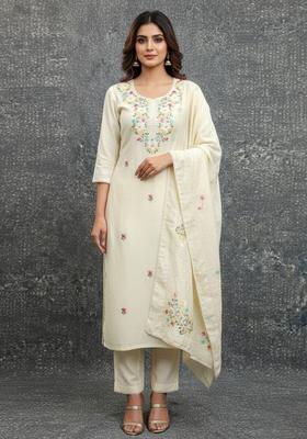 White Embroidery Silk Kurta Set