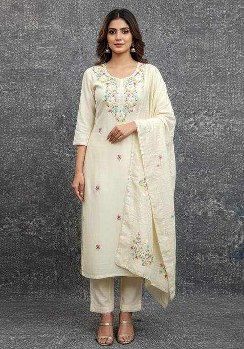 White Embroidery Silk Kurta Set