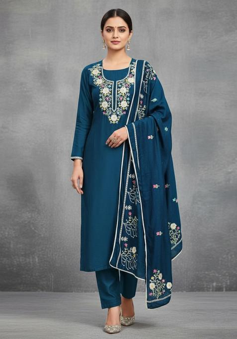 Teal Embroidery Silk Kurta Set