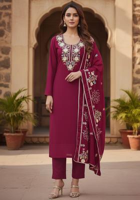 Maroon Embroidery Silk Kurta Set