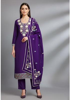 Purple Embroidery Silk Kurta Set