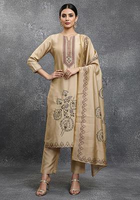 Beige Embroidery Silk Kurta Set