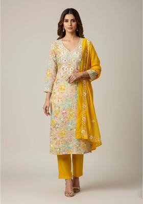 Yellow Embroidery Chanderi Kurta Set