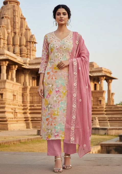 Peach Embroidery Chanderi Kurta Set