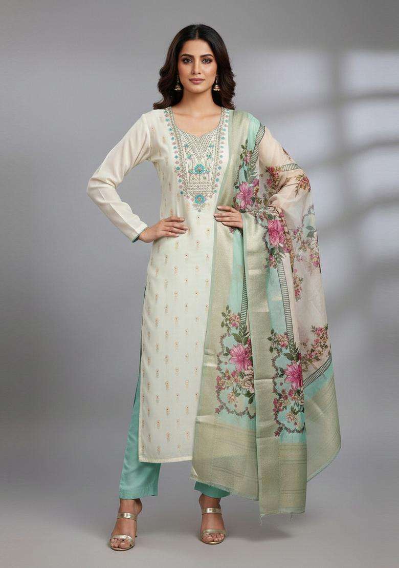Navy Blue Embroidery Jacquard Kurta Set - Indya