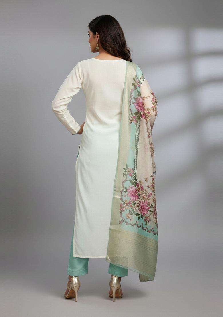 Navy Blue Embroidery Jacquard Kurta Set - Indya