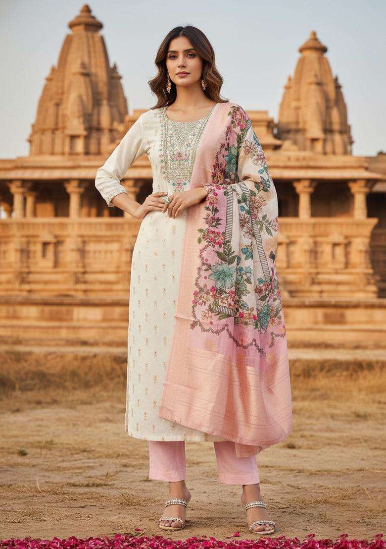 Peach Embroidery Jacquard Kurta Set - Indya