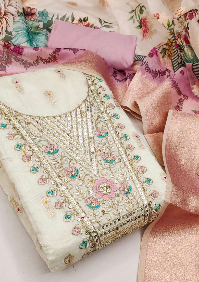 Peach Embroidery Jacquard Kurta Set - Indya