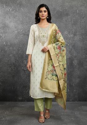 Mustard Embroidery Jacquard Kurta Set