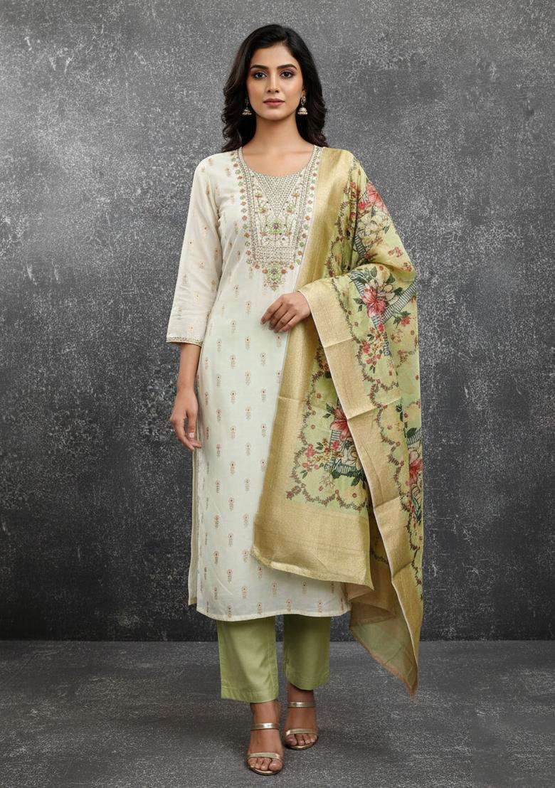 Mustard Embroidery Jacquard Kurta Set - Indya